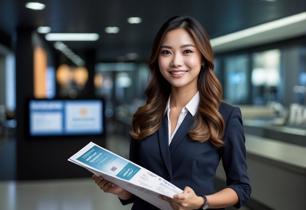 A bank teller presenting promotional flyers for deposit offers in Singapore