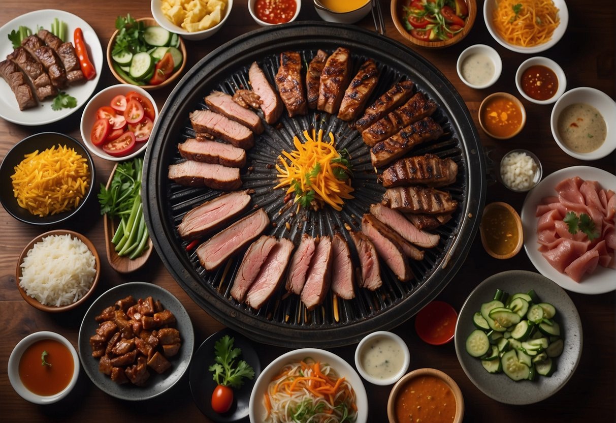 A sizzling grill loaded with marinated meats, surrounded by an array of colorful side dishes and condiments at a Korean BBQ buffet