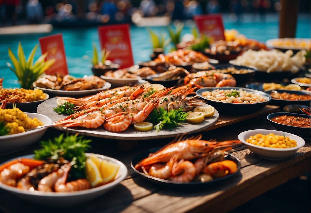 A colorful spread of grilled seafood, displayed on a beachfront table with vibrant banners promoting the Weekend Seafood Spectacular BBQ buffet in Singapore