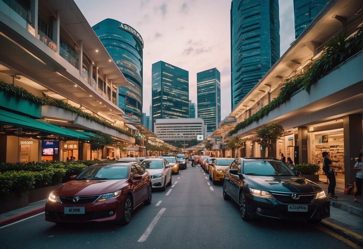 Vibrant cityscape with iconic Singapore landmarks, bustling streets, and colorful promotional banners for Akemi