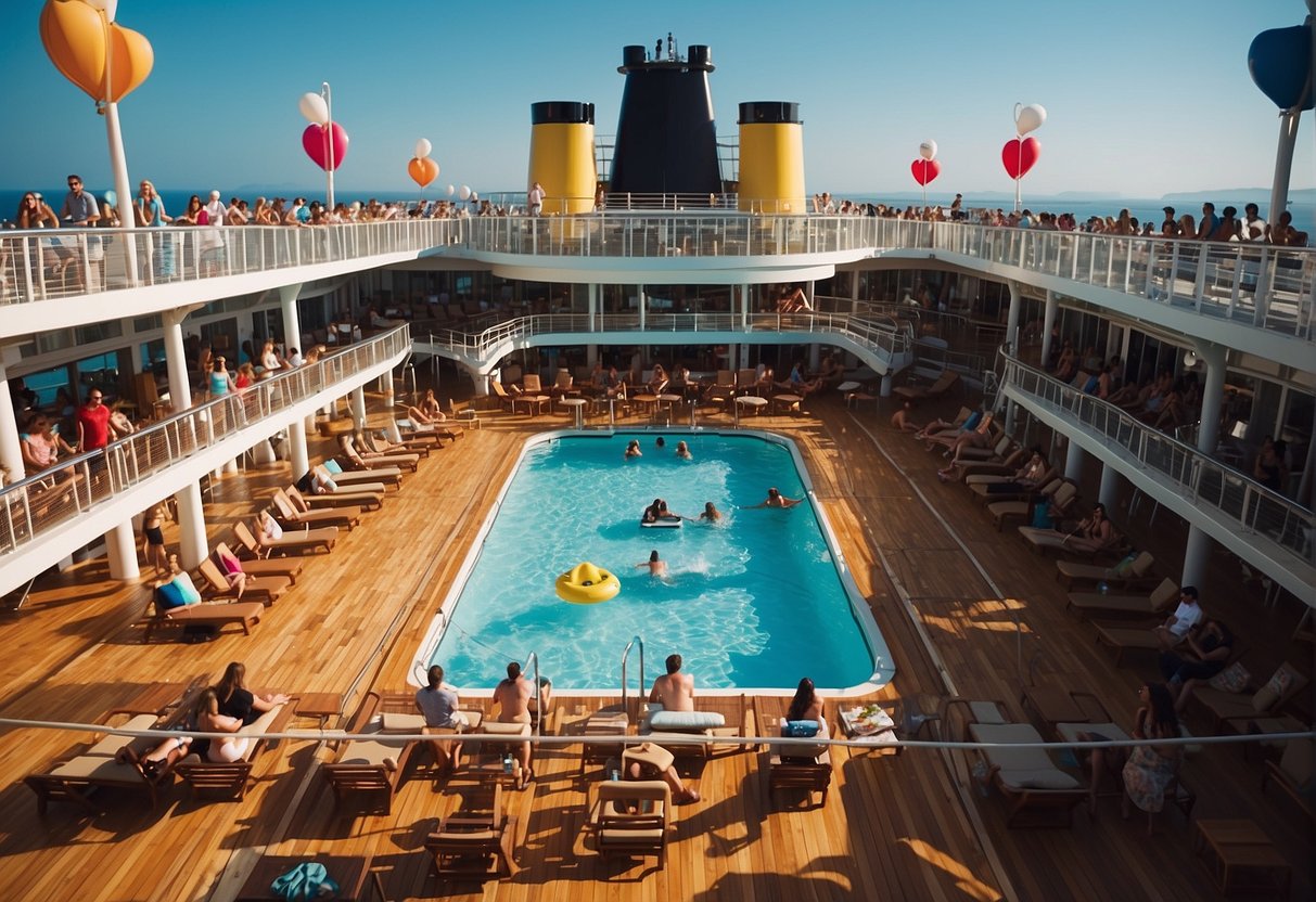 A vibrant cruise ship deck with people enjoying live music, swimming, and outdoor games under the sunny sky