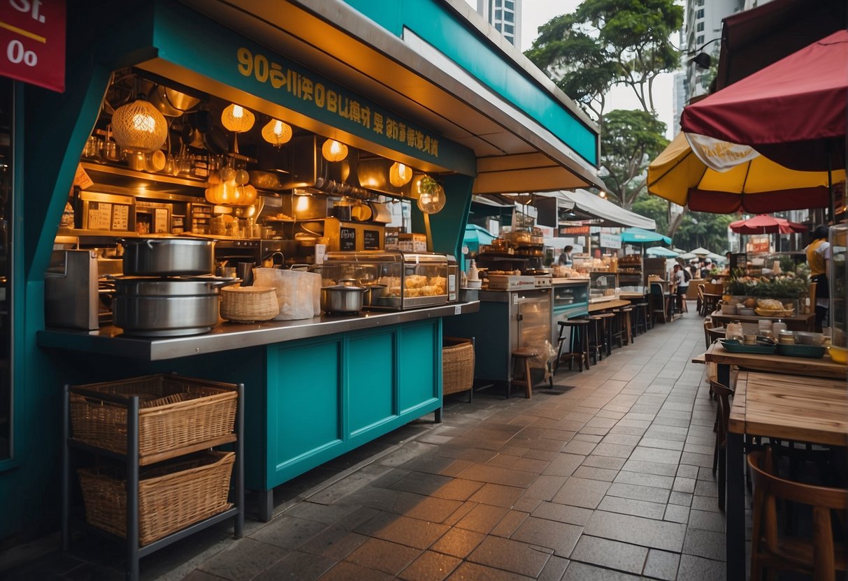 A vibrant beach road kitchen in Singapore promotes its deals with colorful banners and enticing displays