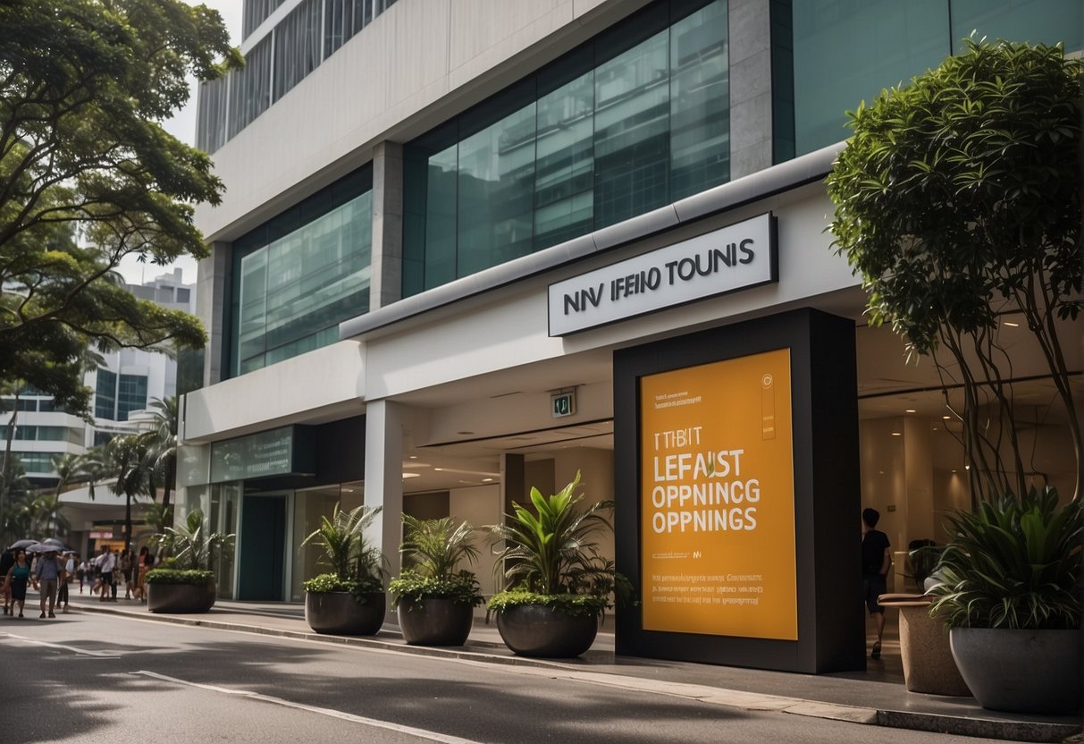 A large banner displaying "Latest Promotions for New Account Openings" outside a modern bank branch in Singapore