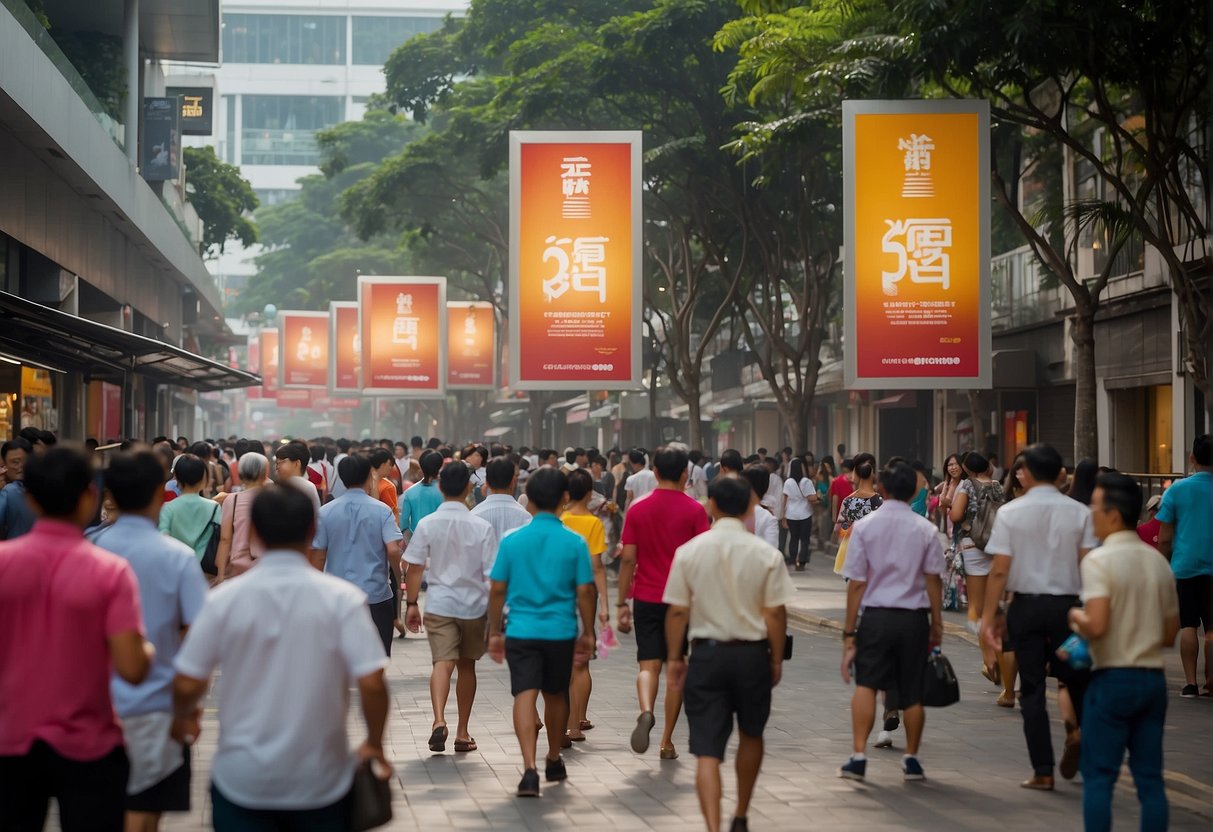 A bustling street in Singapore with colorful banners and signs promoting BHG promotions. People walk by, pausing to look at the displays