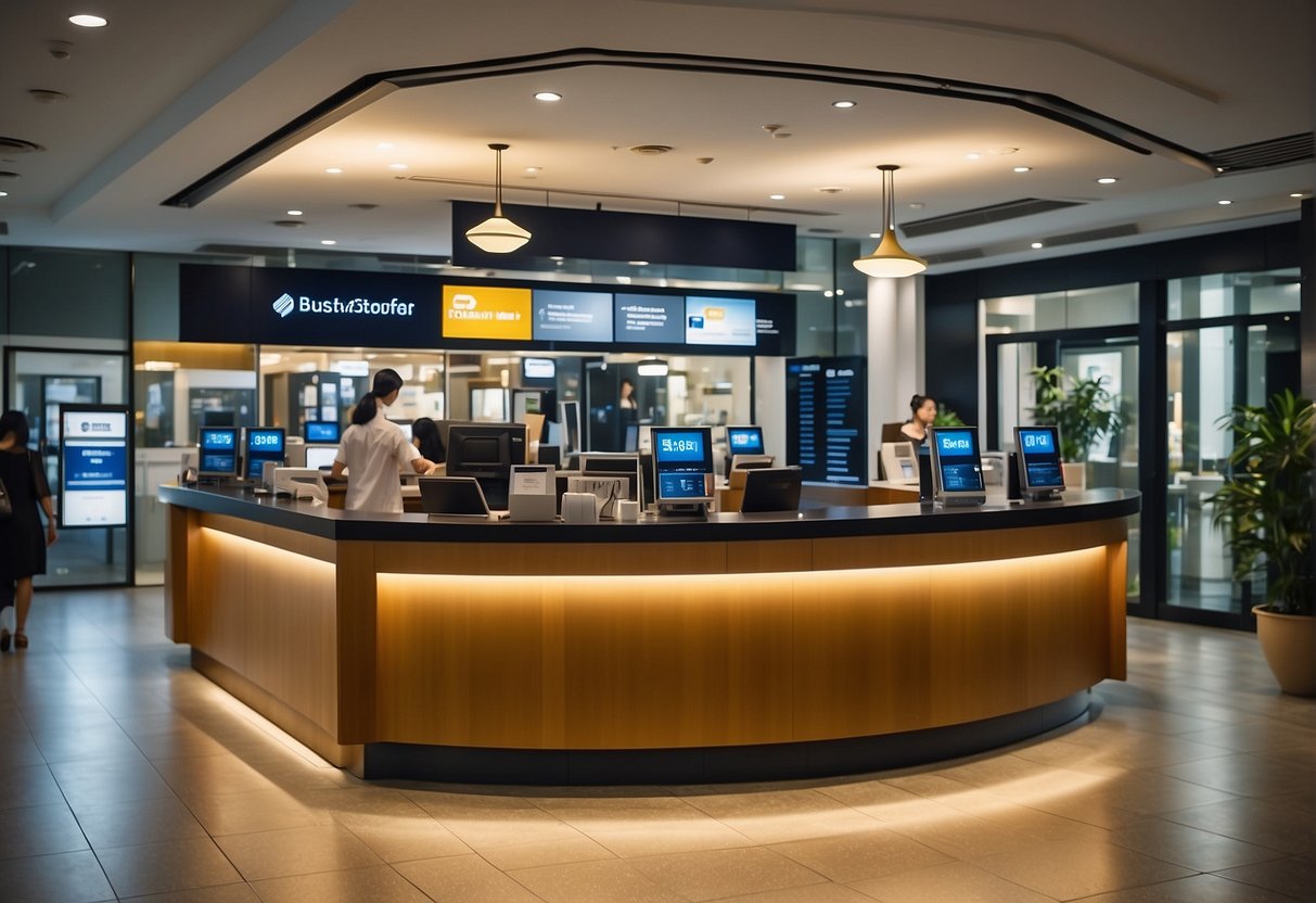 A bustling bank branch with bright signage promoting credit card deals and investment opportunities in Singapore. Customers eagerly inquire at the front desk