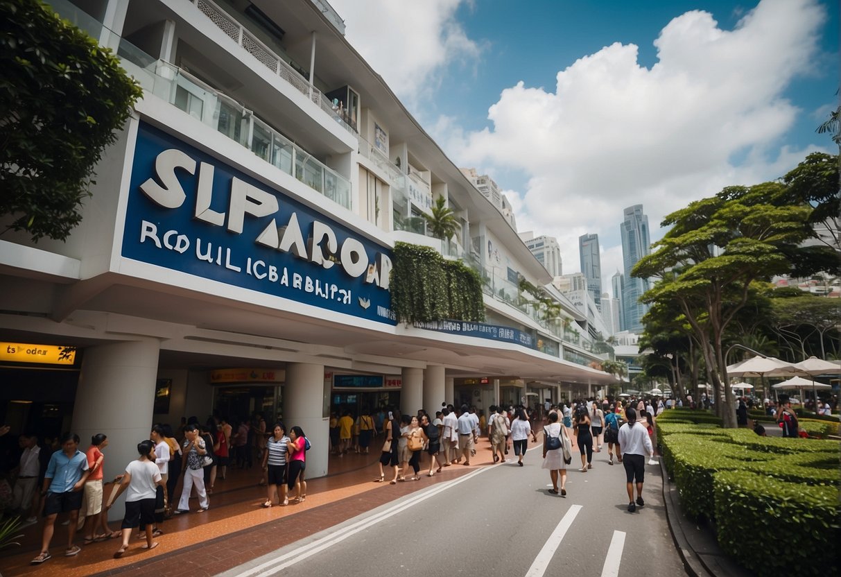 A bustling Singapore street with a prominent Royal Caribbean promotions sign, surrounded by excited tourists and locals seeking information
