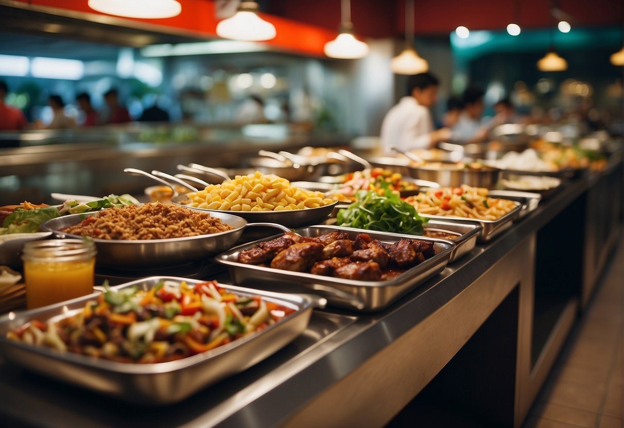 A colorful buffet spread with BBQ dishes and promotional signs in a bustling Singapore restaurant