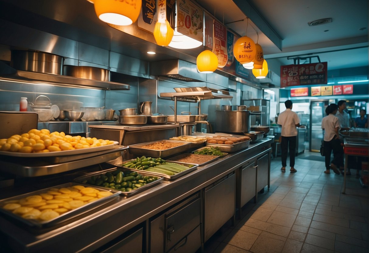 A bustling beach road kitchen in Singapore, with colorful promotional signs and delicious food on display