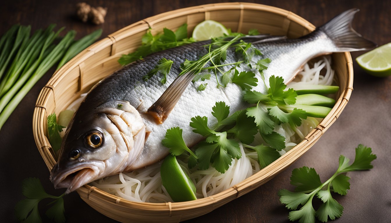 A whole fish, steamed with ginger, scallions, and soy sauce in a bamboo steamer, surrounded by steam and garnished with fresh cilantro