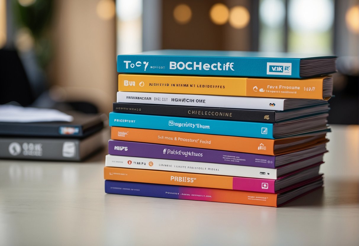A stack of colorful brochures on a sleek desk, with a prominent "Frequently Asked Questions" heading, surrounded by various bank logos and promotional offers