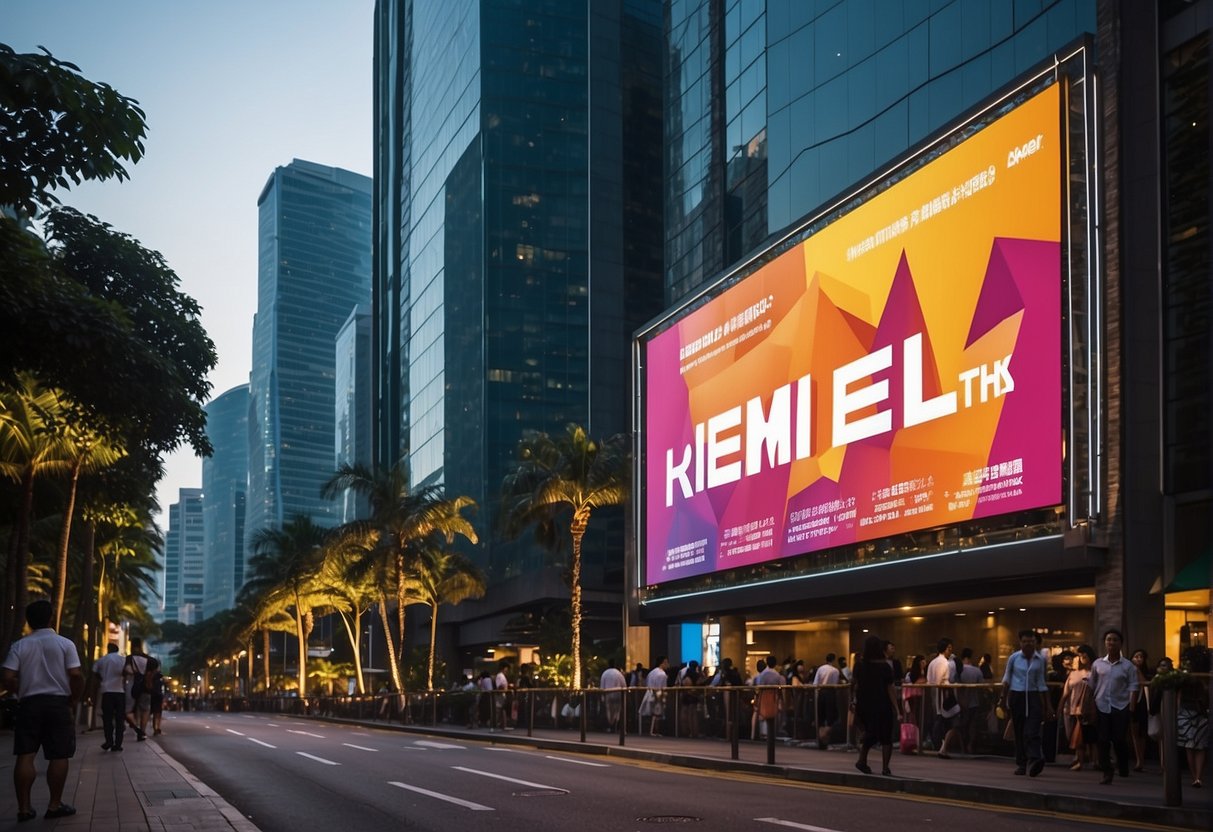 A colorful banner hangs above a bustling street, advertising upcoming home events and offers from Akemi Promotions Singapore. Bright lights and bold text capture the attention of passersby