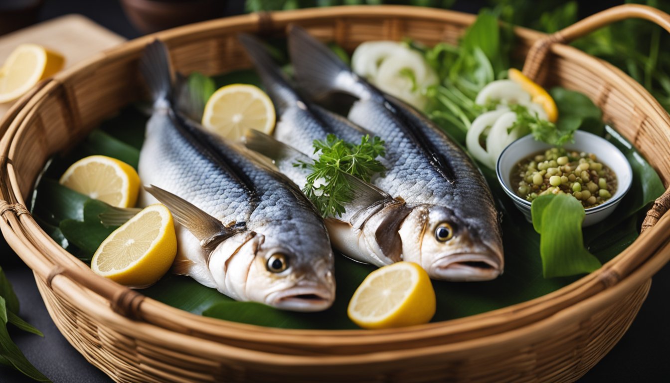 A whole fish, seasoned with ginger and soy, steams in a bamboo basket over boiling water