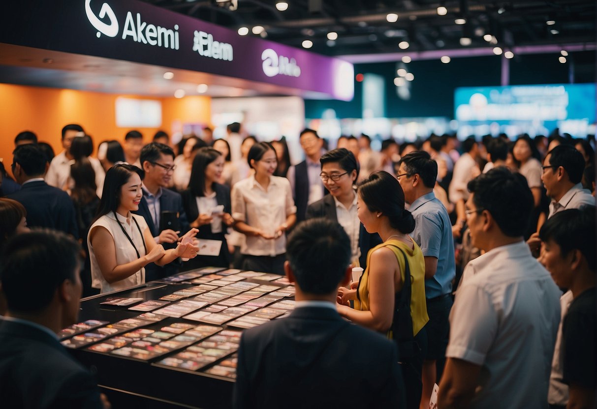 A crowded event space with people interacting with promotional materials and staff at an Akemi promotions booth in Singapore