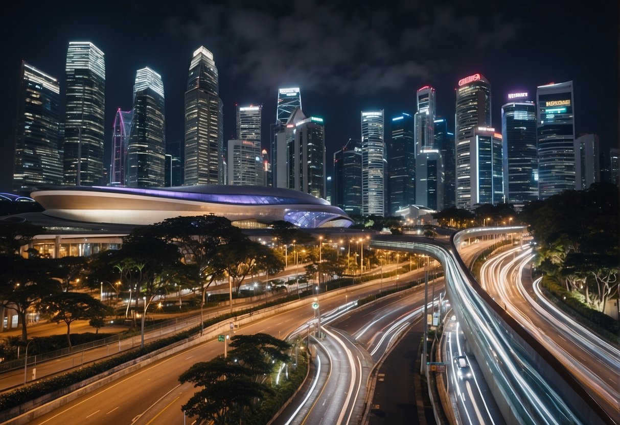 A bustling cityscape with iconic landmarks and vibrant street scenes, showcasing the energy and diversity of Singapore