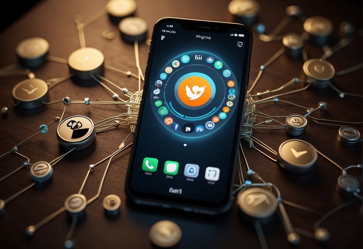 A smartphone with a VPN app open, surrounded by icons of popular free VPN providers for iOS