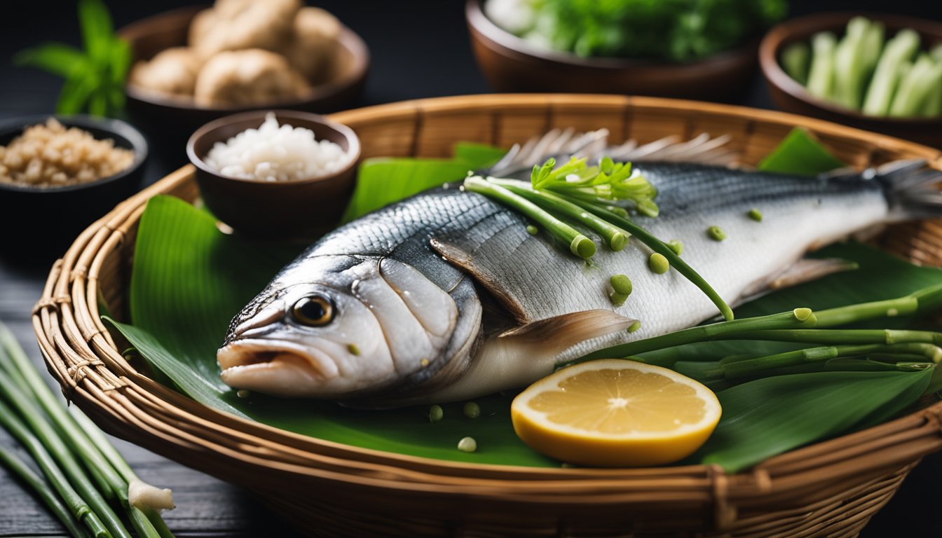 A whole fish, surrounded by ginger, scallions, and soy sauce, steaming in a bamboo basket over a pot of boiling water