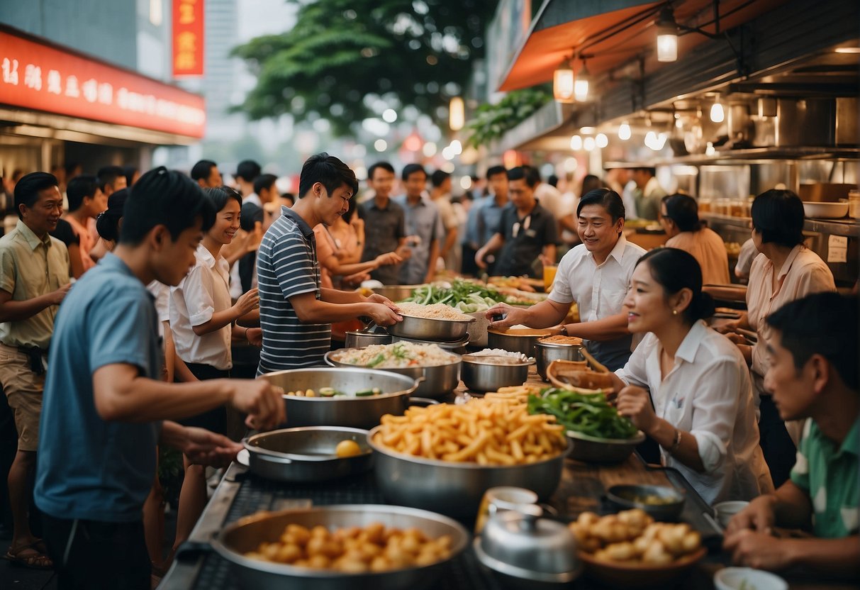 A bustling beach road kitchen in Singapore with promotional signage and a crowd of people asking frequently asked questions
