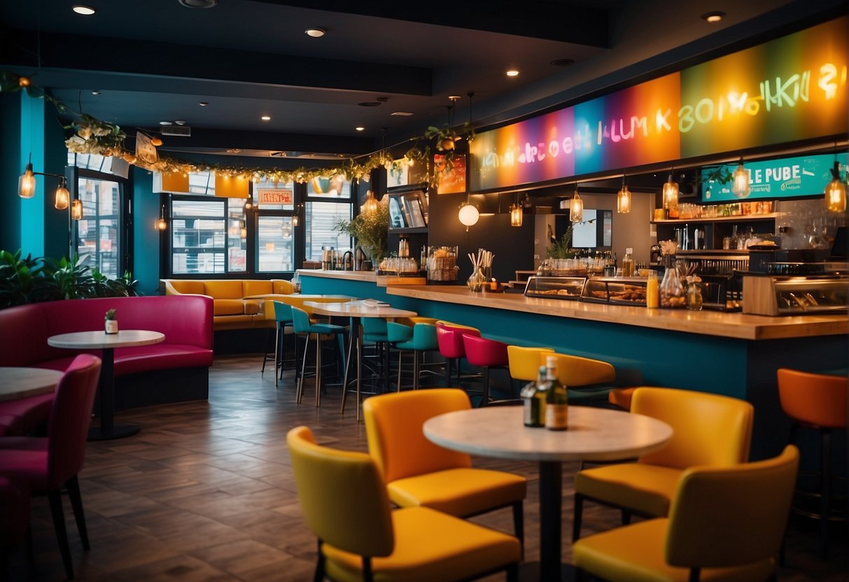 A vibrant dining area with colorful banners and lively patrons enjoying food and drinks, while a relaxing lounge area beckons with cozy seating and enticing promotions