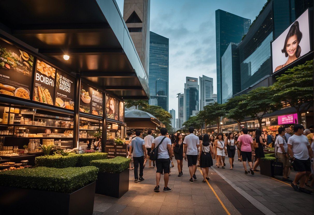 A bustling street in Singapore adorned with Bobbi Brown promotional banners and displays, drawing in crowds with its vibrant colors and enticing offers