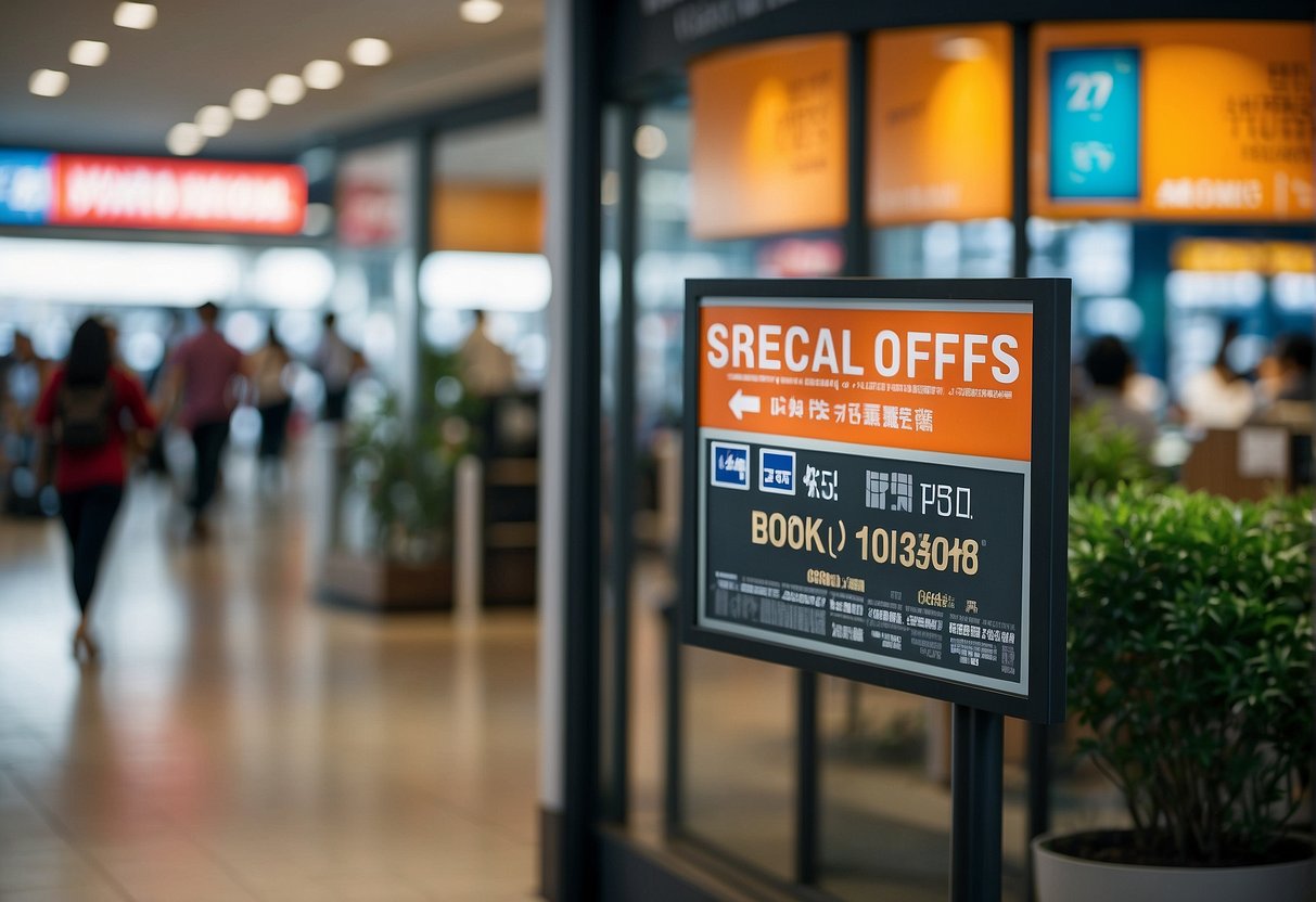 Signage displaying special offers and discounts for flights from Singapore to Tokyo at a travel agency in Singapore