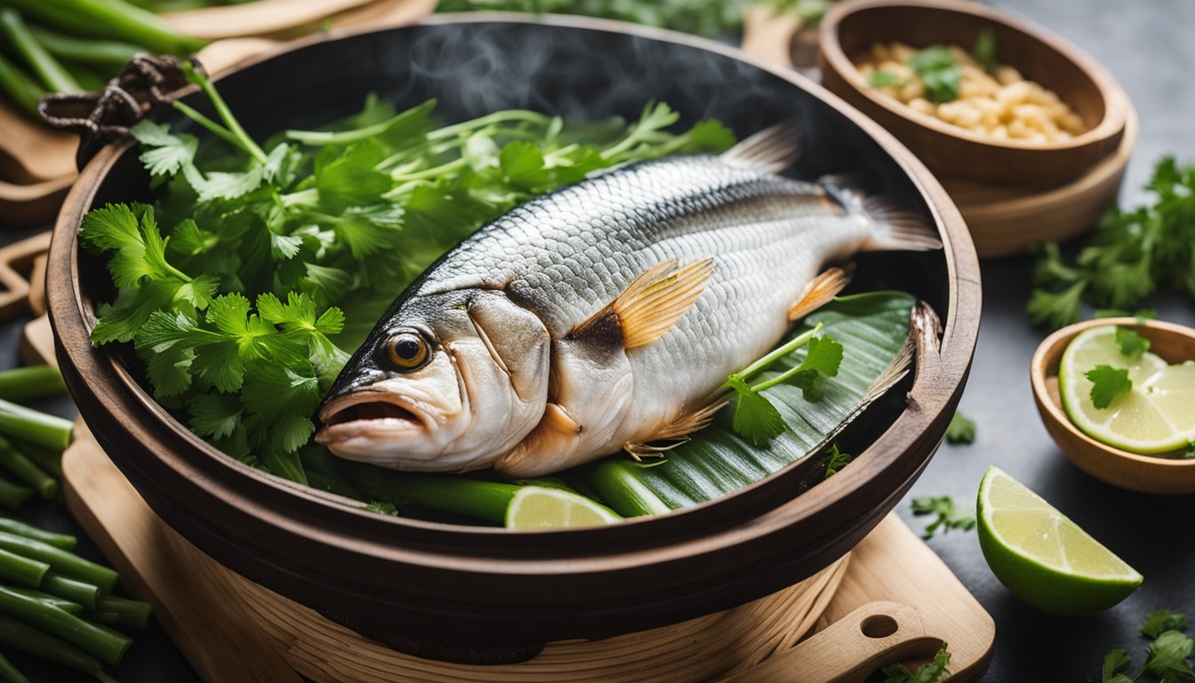 A whole fish steaming in a bamboo steamer, surrounded by aromatics and garnished with cilantro and green onions