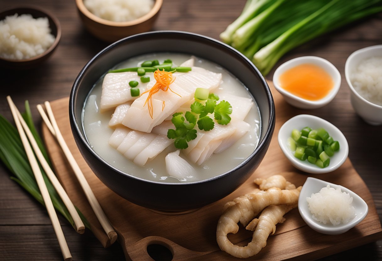 A steaming bowl of Cantonese fish porridge sits on a wooden table, garnished with green onions and ginger slices. Steam rises from the bowl, and a pair of chopsticks rests beside it