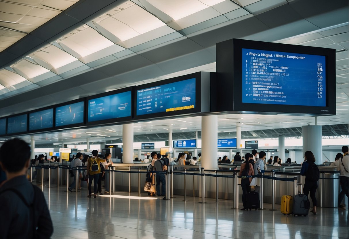 A busy airport terminal with people lining up at a ticket counter, a digital display showing "Frequently Asked Questions" and a promotional poster for flights from Singapore to Tokyo