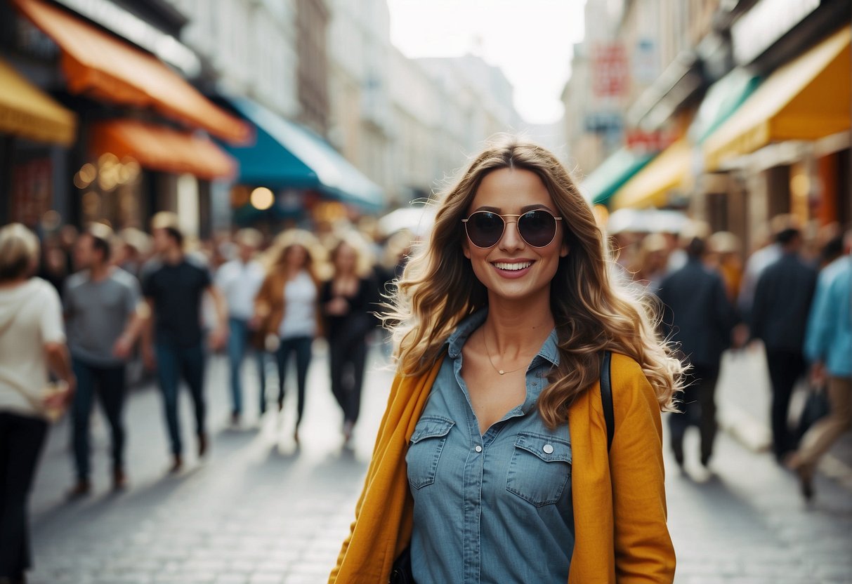 A bustling street lined with colorful shops and lively entertainment venues, with crowds of people enjoying the vibrant atmosphere