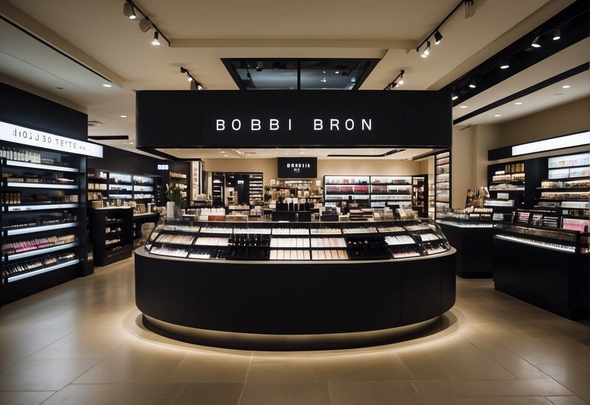 A bustling makeup store in Singapore, with Bobbi Brown products prominently displayed and a sign advertising promotions. Customers chat with staff