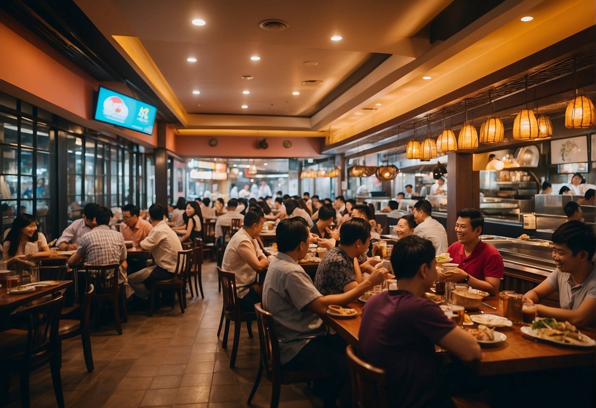 A vibrant, bustling restaurant filled with happy customers enjoying a variety of sizzling meats and fresh seafood at Sambokojin promotions in Singapore
