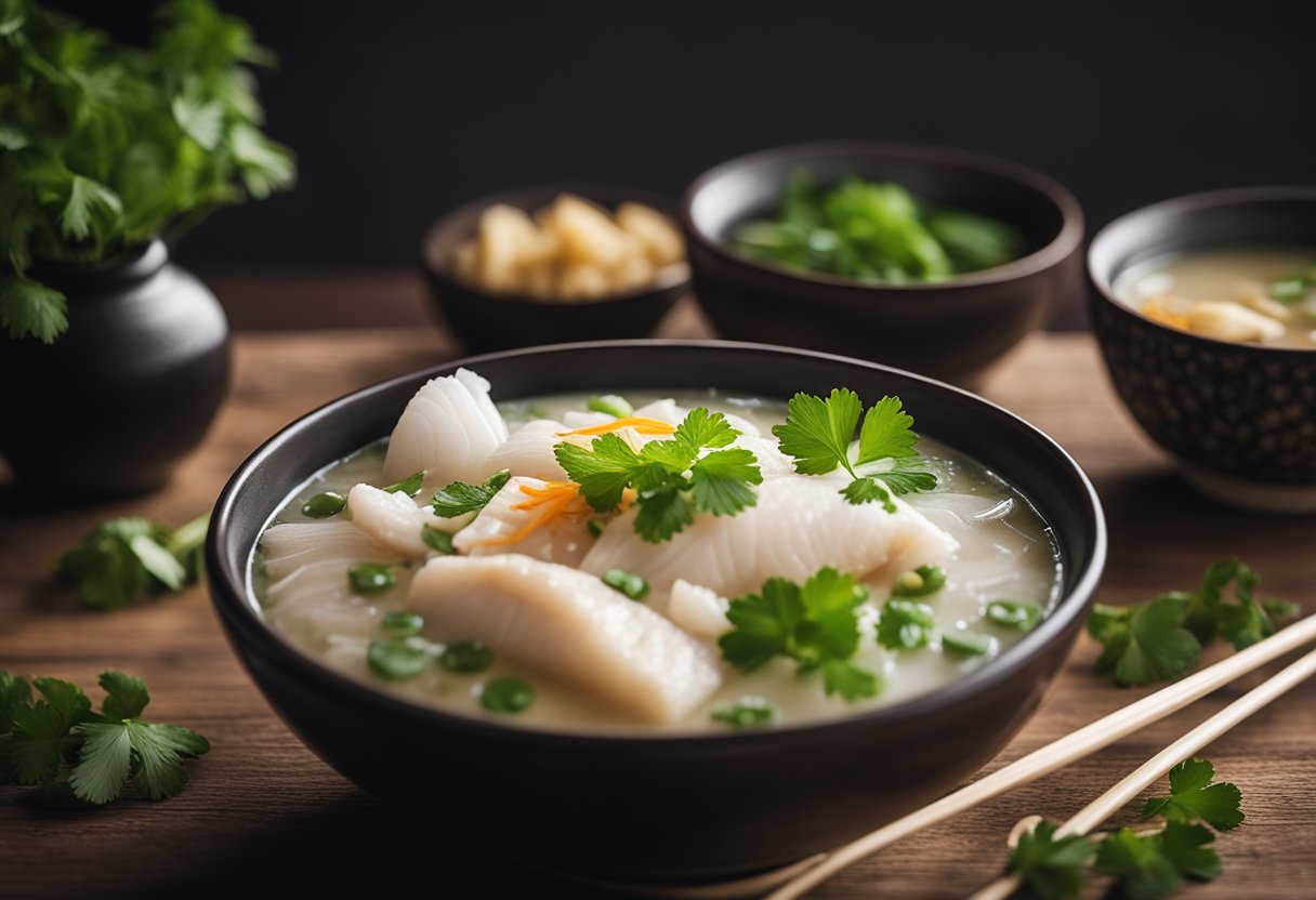 A steaming bowl of Cantonese fish porridge sits on a wooden table, garnished with fresh cilantro and slices of ginger. A pair of chopsticks rests beside the bowl