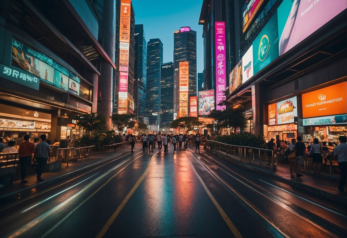 A bustling city street with colorful billboards and bright lights, showcasing the vibrant energy of Brandt Promotions in Singapore