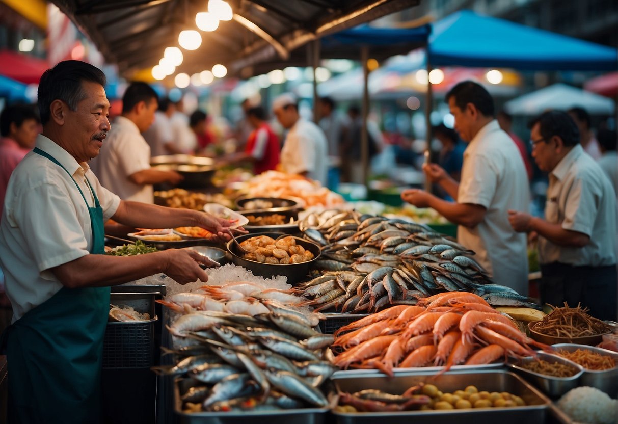 A bustling seafood market in Singapore, with colorful displays of fresh fish, crabs, and prawns. Vendors call out their promotions to passersby, while the scent of grilled seafood fills the air
