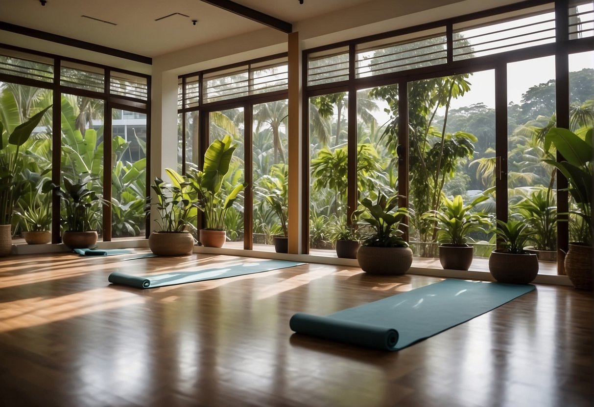 A serene yoga studio in Singapore, with a lush tropical garden and a peaceful atmosphere, promoting wellness and tranquility