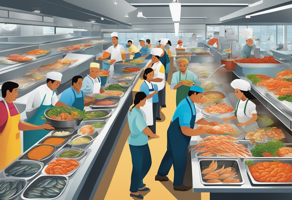 A bustling seafood market with colorful displays of fresh fish, shellfish, and crustaceans. Customers eagerly peruse the offerings while chefs expertly prepare sizzling seafood dishes in the open kitchen