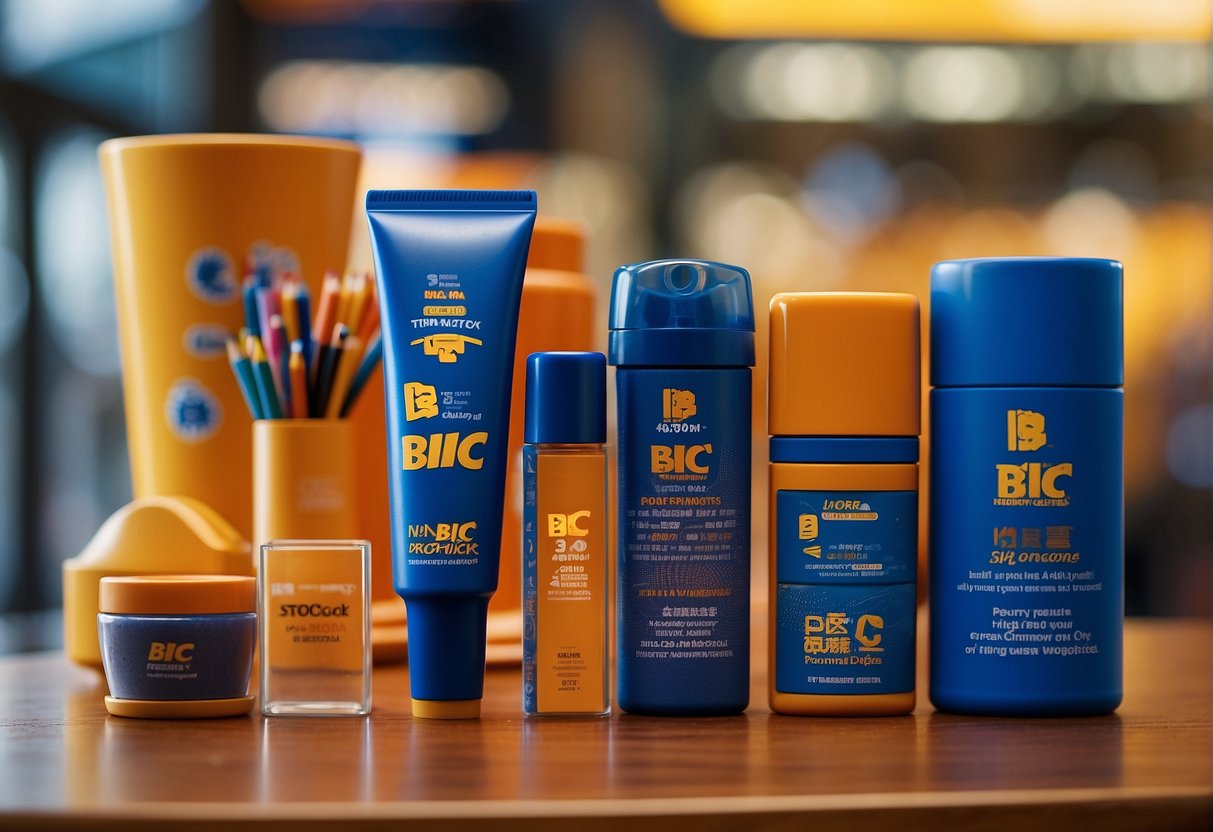 A colorful display of BIC promotional products with the "Frequently Asked Questions" banner in a bustling Singapore setting