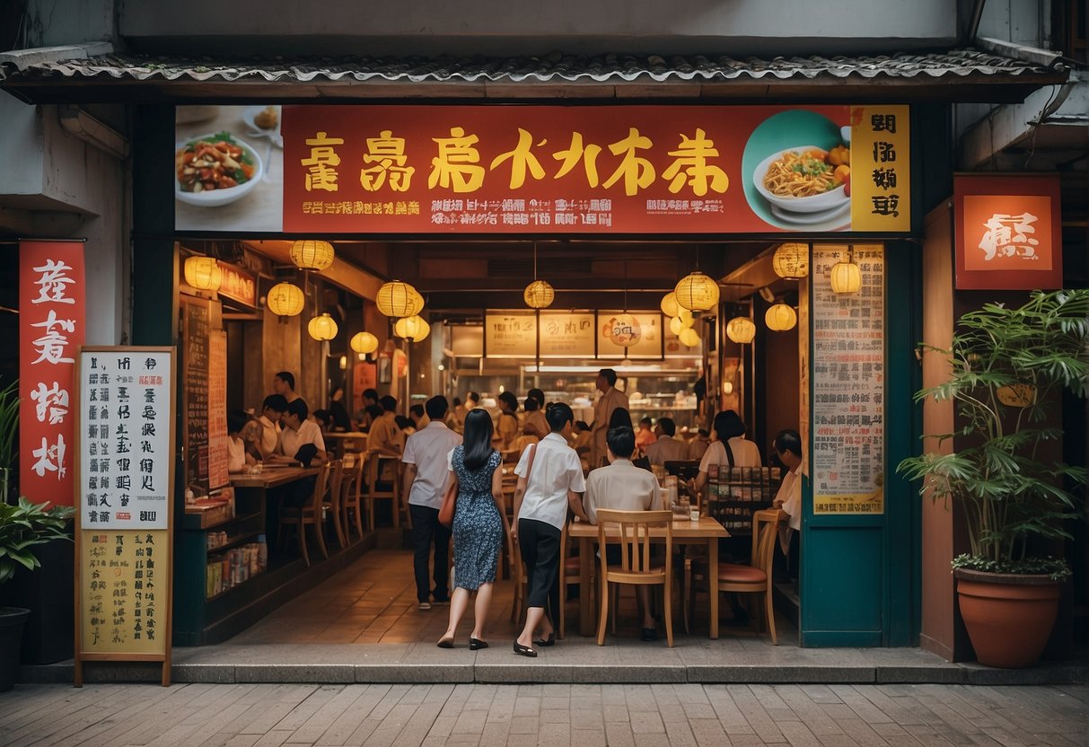 A bustling restaurant with colorful banners and signs advertising the latest promotions at Sambokojin in Singapore