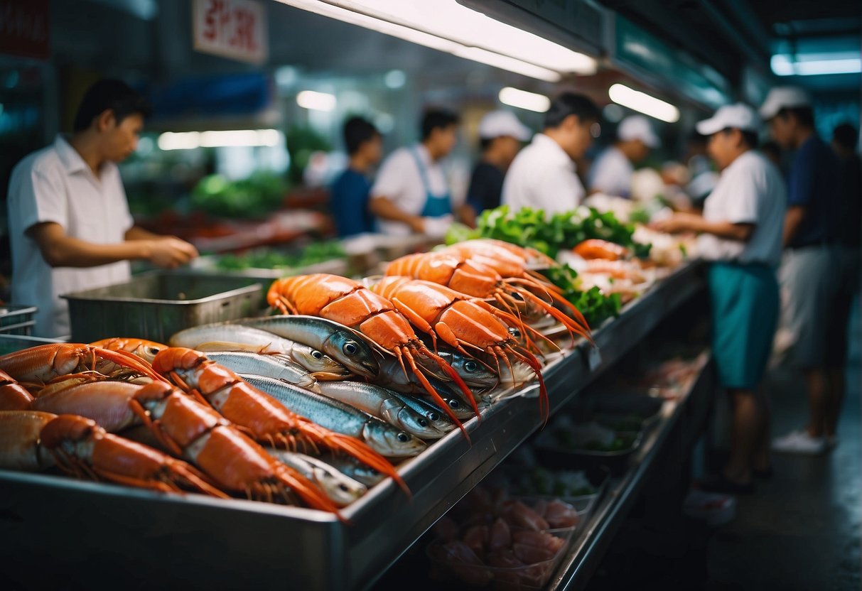 A bustling seafood market in Singapore, with colorful displays of fresh fish, crabs, and lobsters. Customers eagerly sample and purchase the day's catch