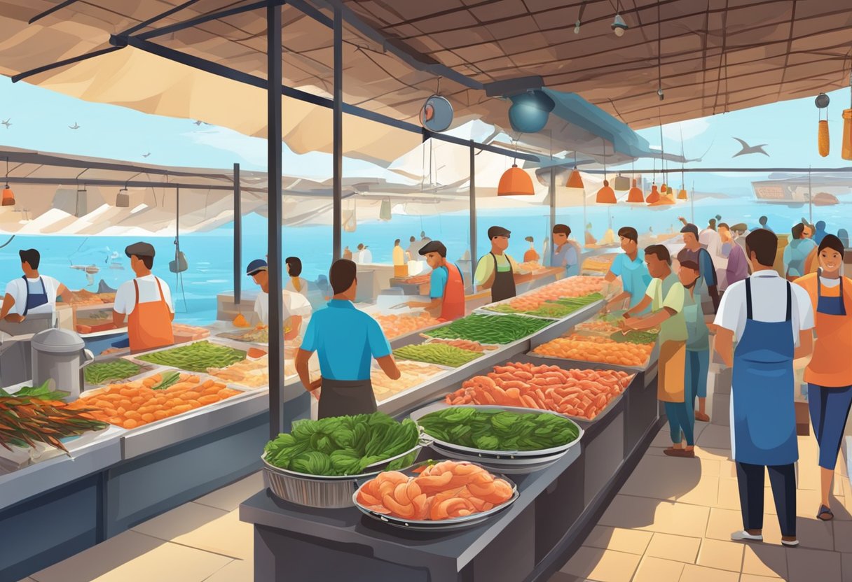 A bustling seafood market with colorful stalls and fresh catches on display, surrounded by eager customers and the savory aroma of grilling seafood