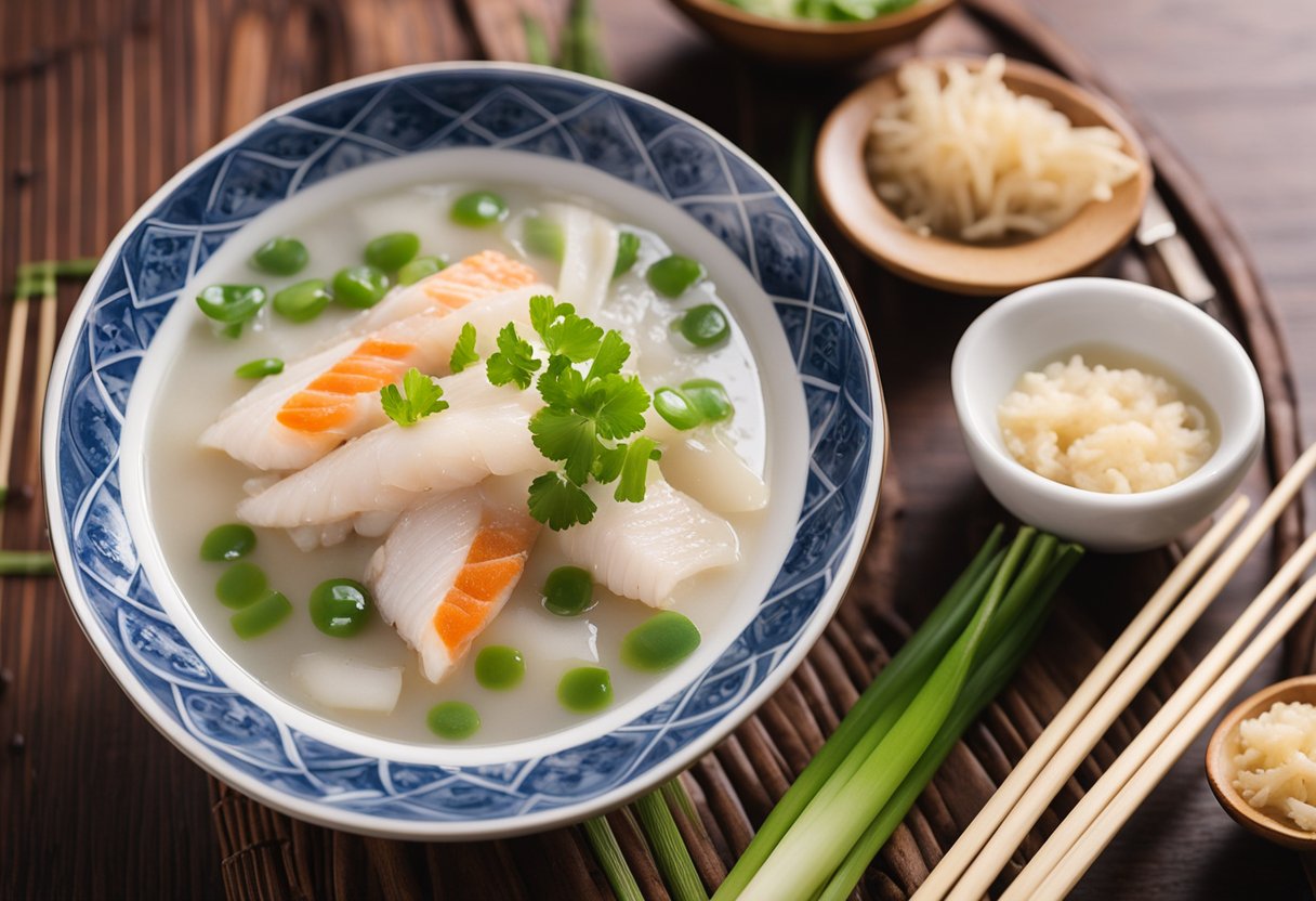 A steaming bowl of Cantonese fish porridge sits on a wooden table, garnished with fresh green onions and ginger slices. A pair of chopsticks rests on the side