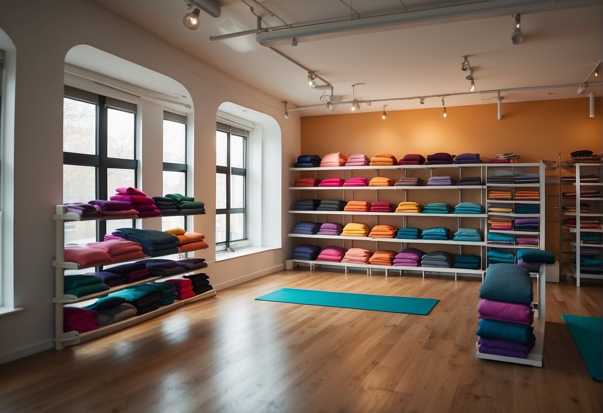 Brightly lit yoga studio with shelves of colorful yoga apparel. Promotional banners and signs featuring discounts and offers. Peaceful and inviting atmosphere