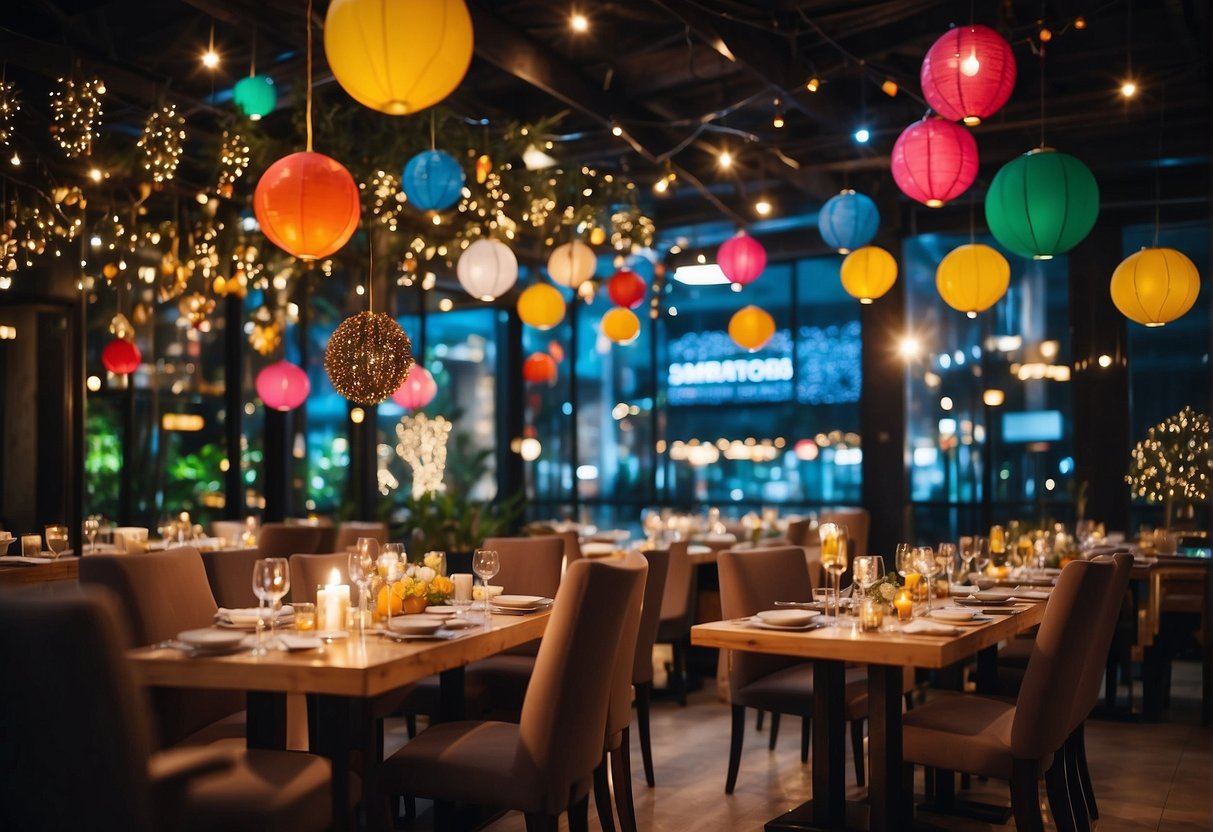 A festive dining scene with colorful decorations and a sign advertising "Exclusive Holiday Promotions" at Sambokojin promotions in Singapore