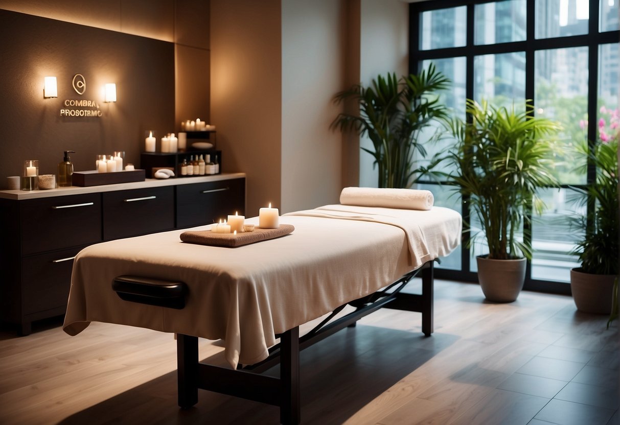 A serene spa room with soft lighting, a comfortable massage table, and soothing aromatherapy scents, with a sign promoting body massage promotions in Singapore
