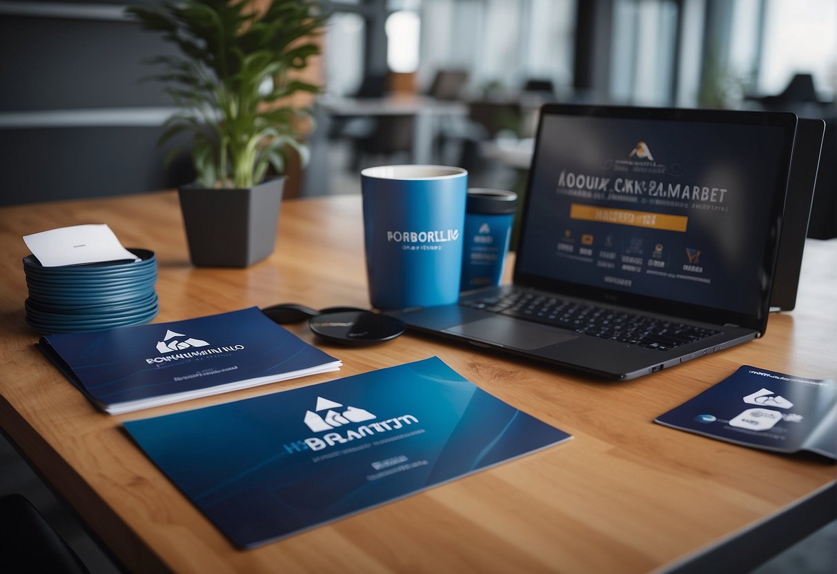 A table with branded promotional items, a banner with the company logo, and a stack of FAQ brochures