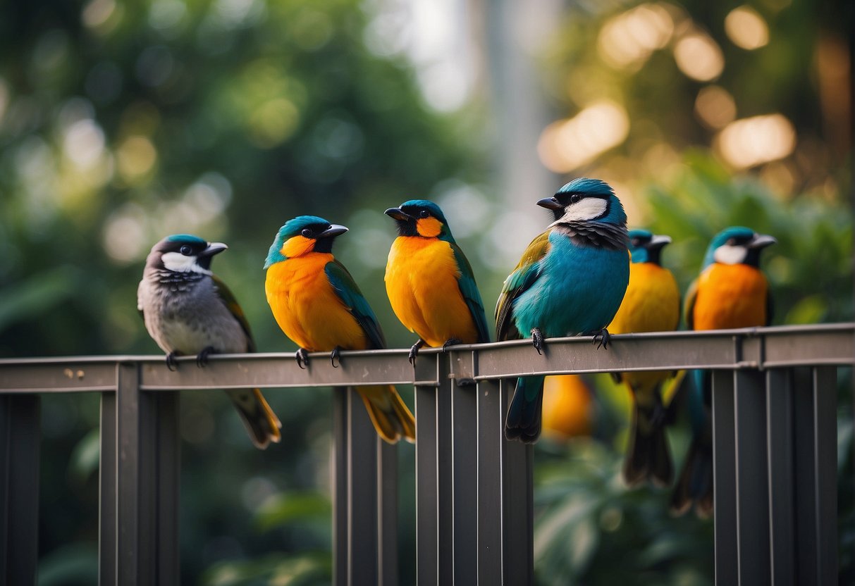 Birds flocking around a colorful promotional sign in Singapore