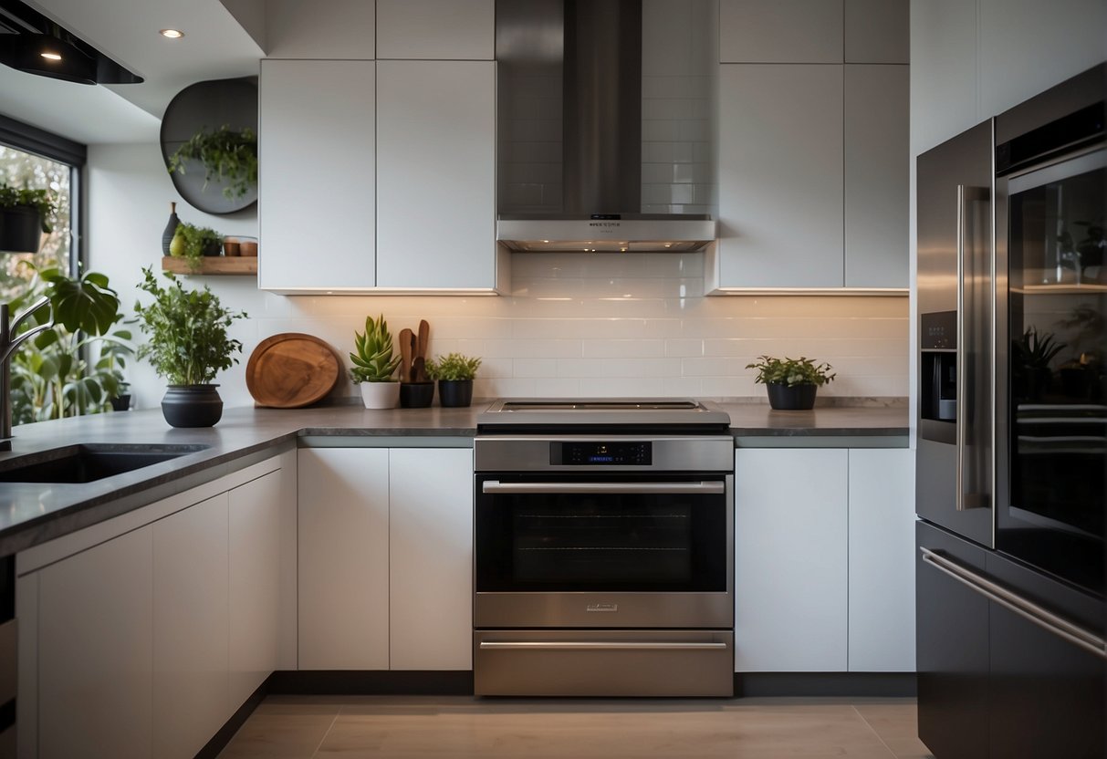 A sleek, modern built-in oven sits prominently in a contemporary kitchen, surrounded by stainless steel appliances and illuminated by soft overhead lighting