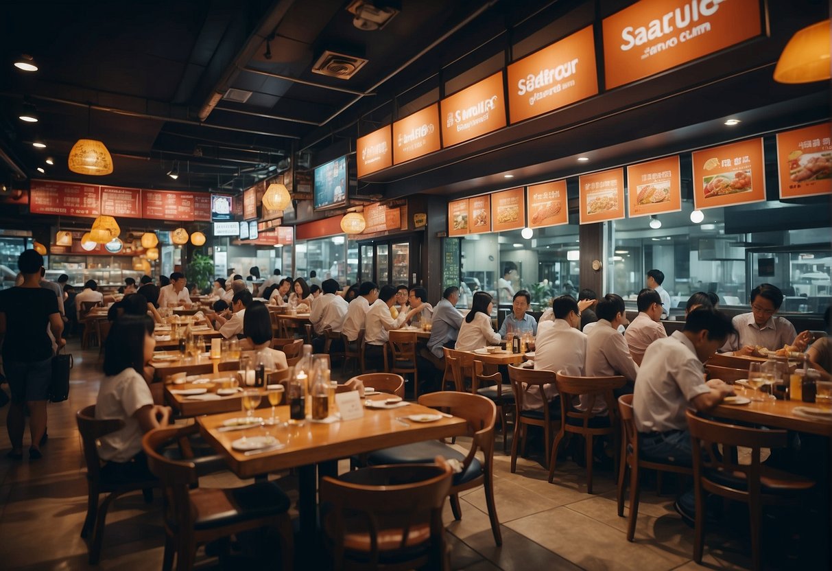 A bustling seafood restaurant with banners advertising dining discounts and deals in Singapore. Tables filled with satisfied customers enjoying the fresh seafood offerings