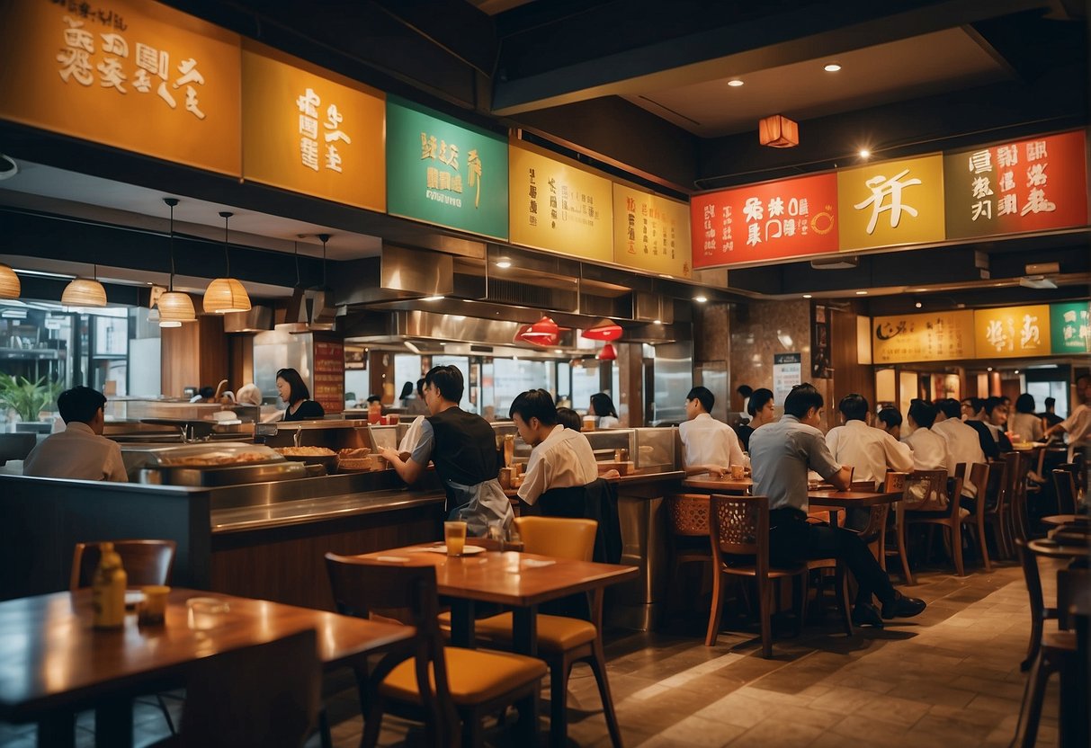 A bustling restaurant with colorful banners and a busy staff serving customers at Sambokojin promotions in Singapore