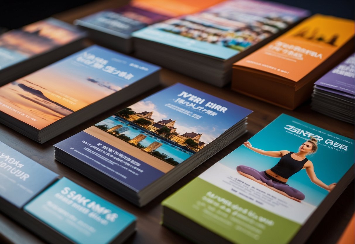 A stack of colorful promotional flyers and brochures for yoga classes in Singapore, arranged neatly on a sleek, modern table