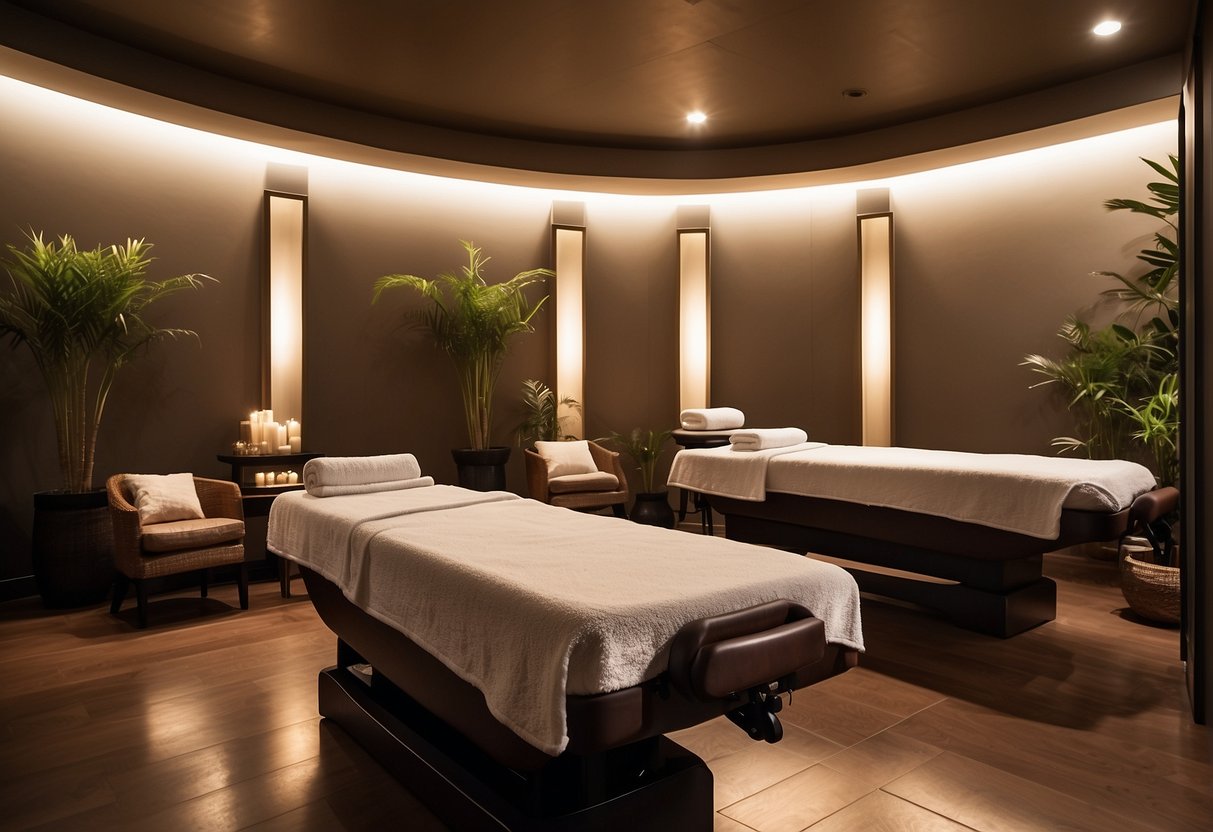 A serene spa room with soft lighting and plush massage tables. Promotional banners display enticing offers for body massages in Singapore 2024